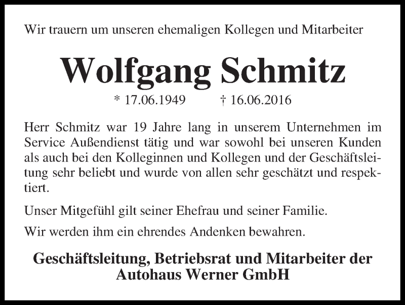 Traueranzeige von Wolfgang Schmitz von Achimer Kurier/Verdener Nachrichten