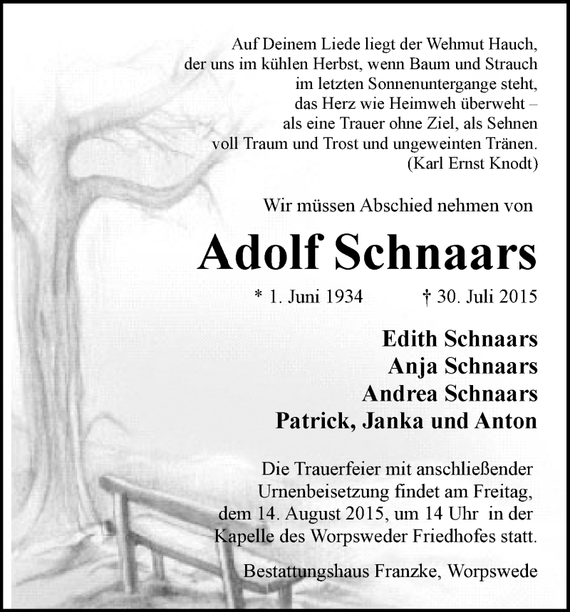 Traueranzeige von Adolf Schnaars von Wuemme Zeitung