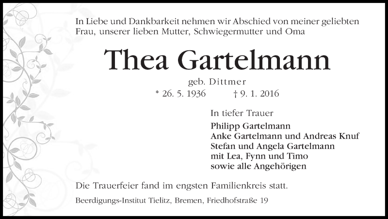 Traueranzeige von Thea Gartelmann von WESER-KURIER