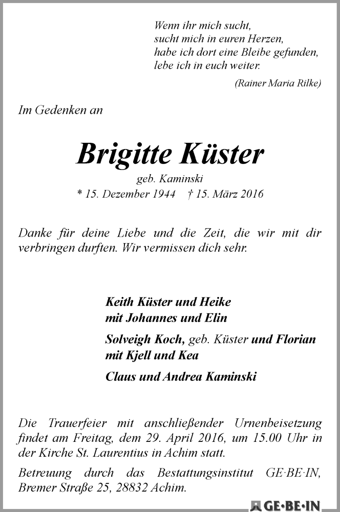 Traueranzeige von Brigitte Küster von Achimer Kurier/Verdener Nachrichten
