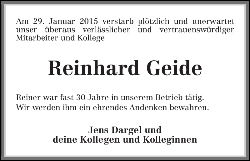  Traueranzeige für Reinhard Geide vom 14.02.2015 aus Die Norddeutsche
