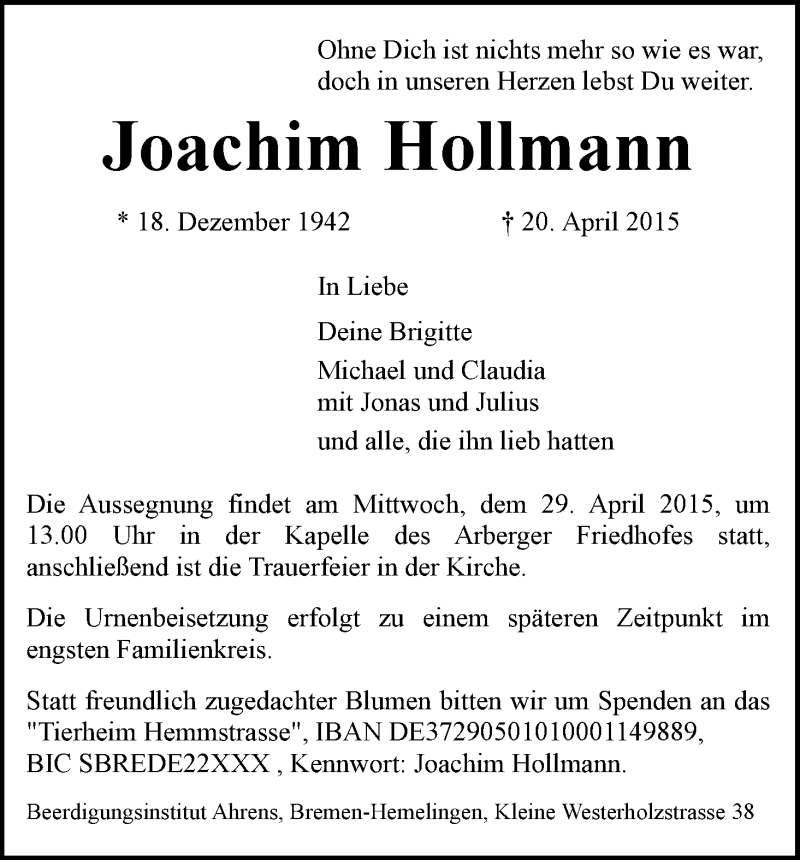 Traueranzeige von Joachim Hollmann von WESER-KURIER