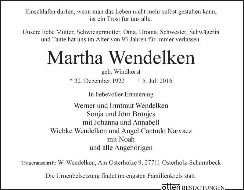 Traueranzeige von Martha Wendelken von Osterholzer Kreisblatt