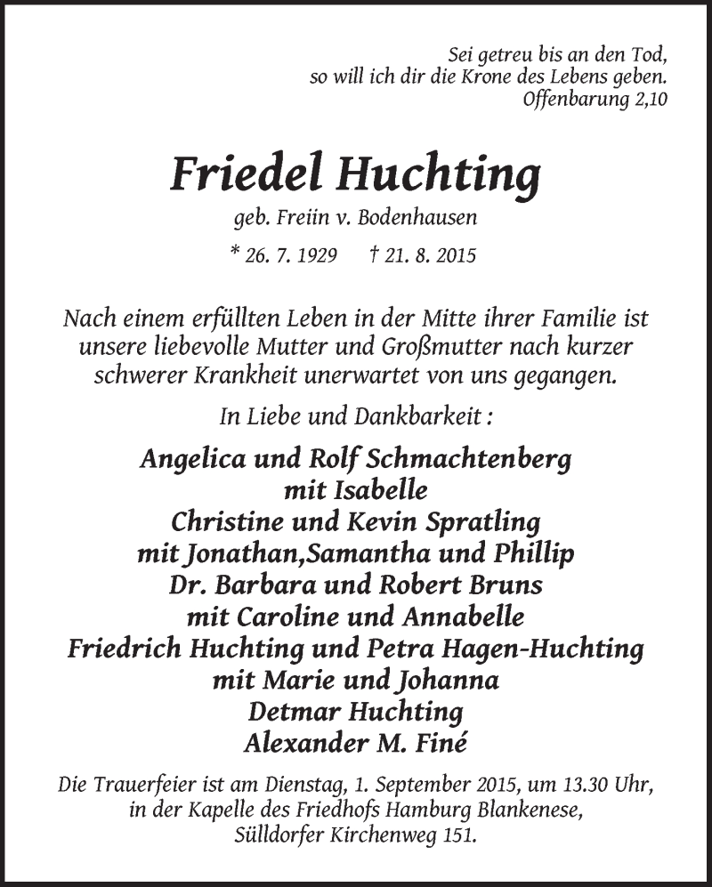 Traueranzeige von Friedel Huchting von WESER-KURIER