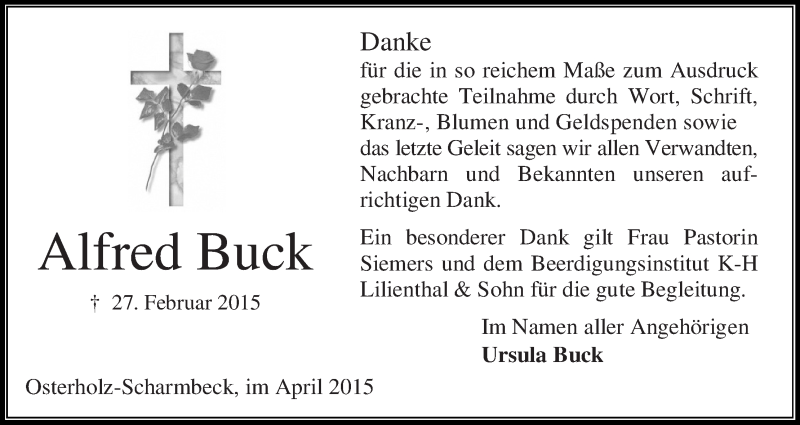 Traueranzeige von Alfred Buck von Osterholzer Kreisblatt