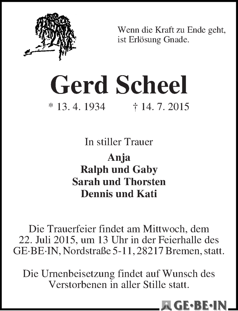 Traueranzeige von Gerd Scheel von WESER-KURIER