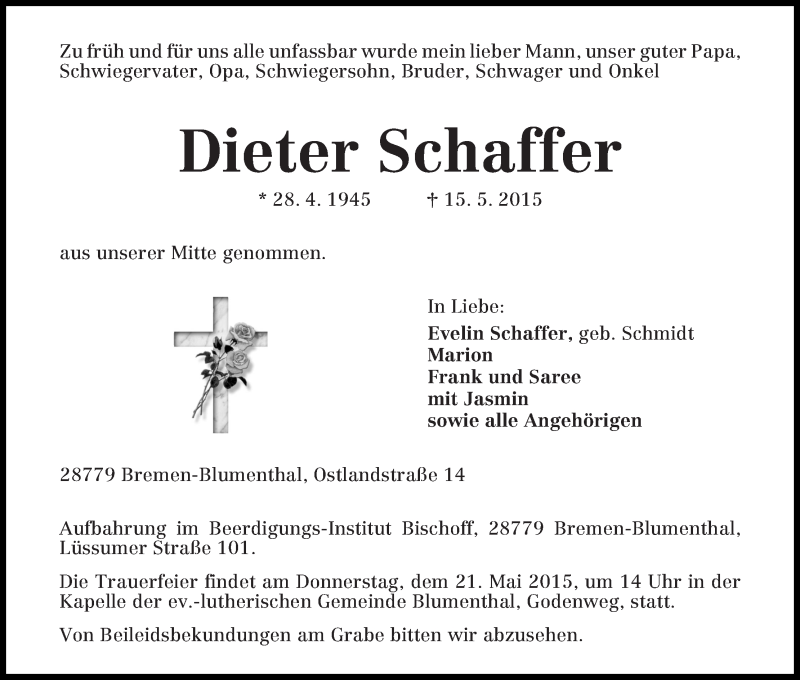 Traueranzeige von Dieter Schaffer von Die Norddeutsche