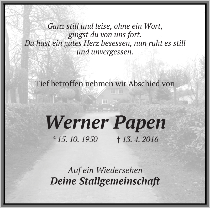  Traueranzeige für Werner Papen vom 16.04.2016 aus Wuemme Zeitung