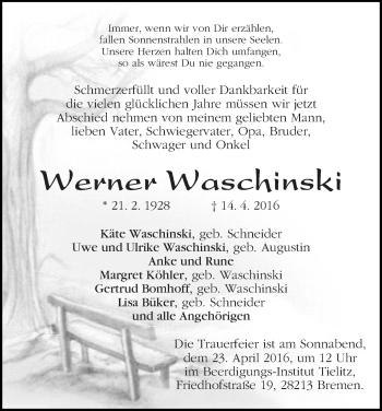 Traueranzeige von Werner Waschinski