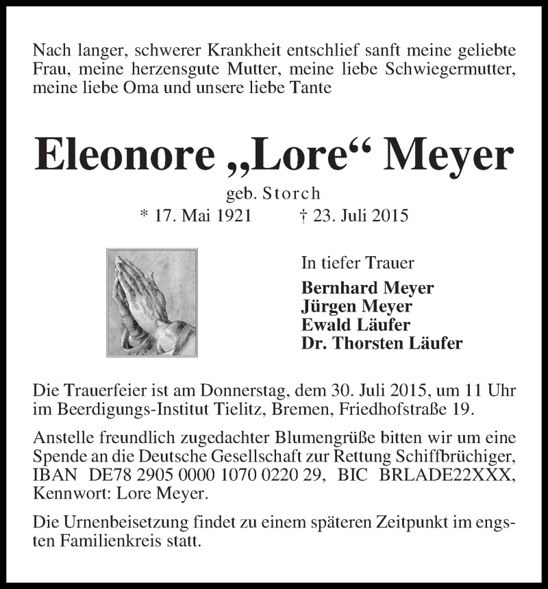 Traueranzeige von Eleonore Meyer von WESER-KURIER
