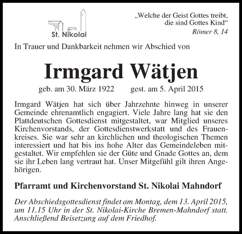 Traueranzeige von Irmgard Wätjen von WESER-KURIER