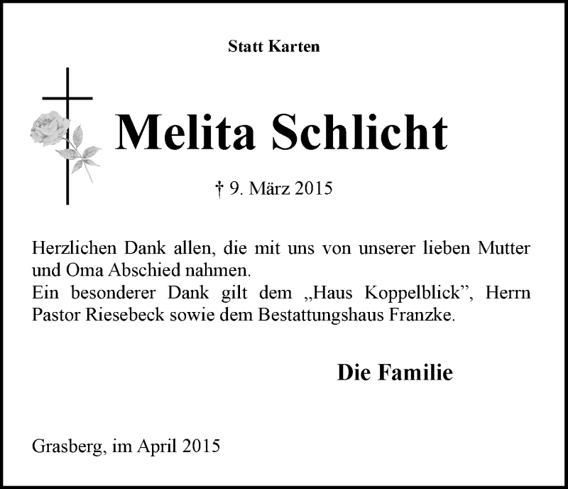 Traueranzeige von Melita Schlicht von Wuemme Zeitung