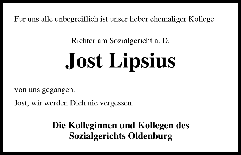 Traueranzeige von Jost Lipsius von WESER-KURIER