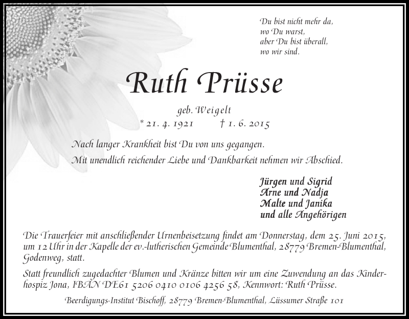 Traueranzeige von Ruth Prüsse von Die Norddeutsche