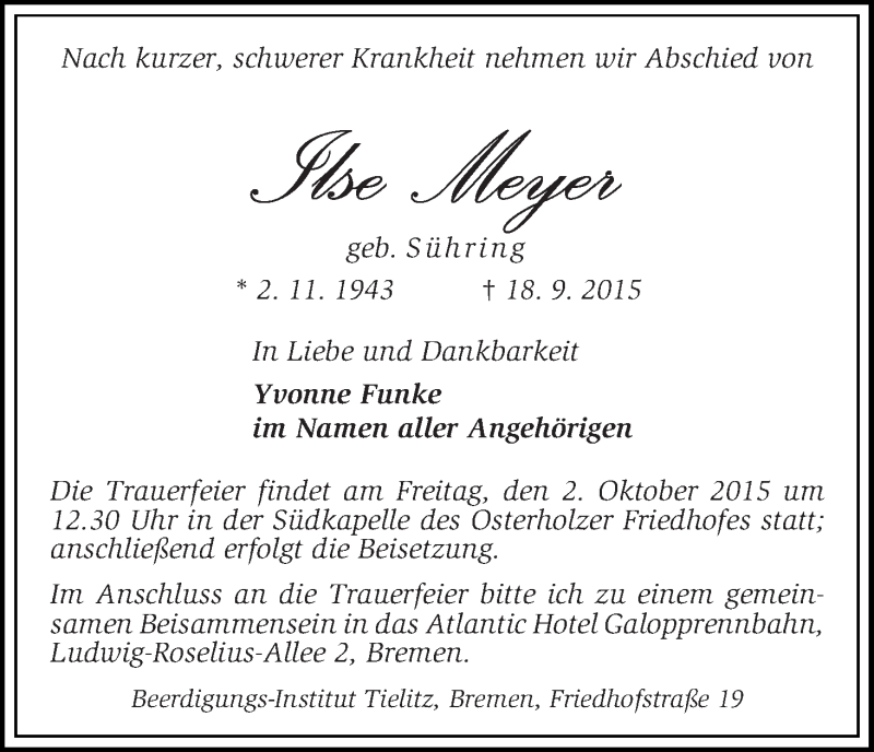 Traueranzeige von Ilse Meyer von WESER-KURIER