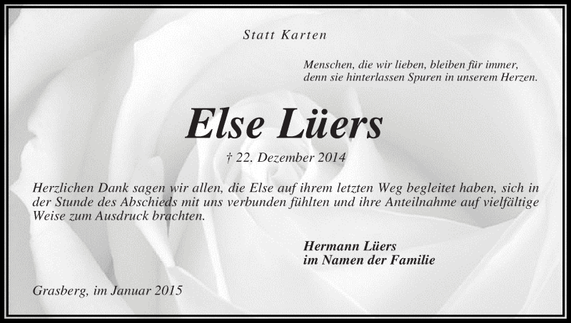 Traueranzeige von Else Lüers von Wuemme Zeitung