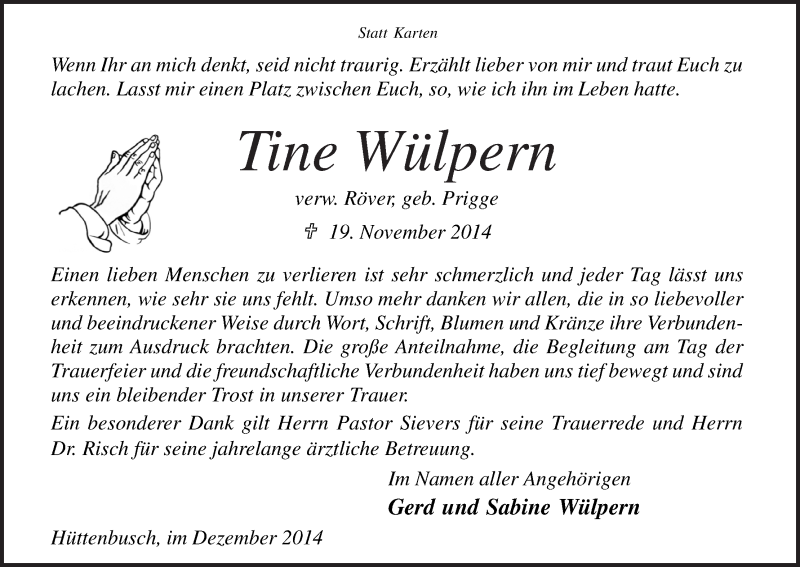  Traueranzeige für Tine Wülpern vom 20.12.2014 aus Wuemme Zeitung