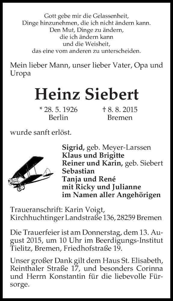 Traueranzeige von Heinz Siebert von WESER-KURIER