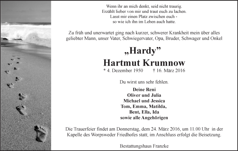 Traueranzeige von Hartmut Krumnow von WESER-KURIER