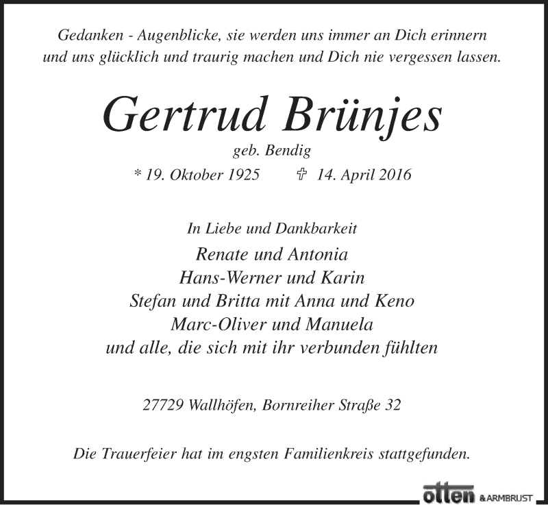 Traueranzeige von Gertrud Brünjes von Osterholzer Kreisblatt