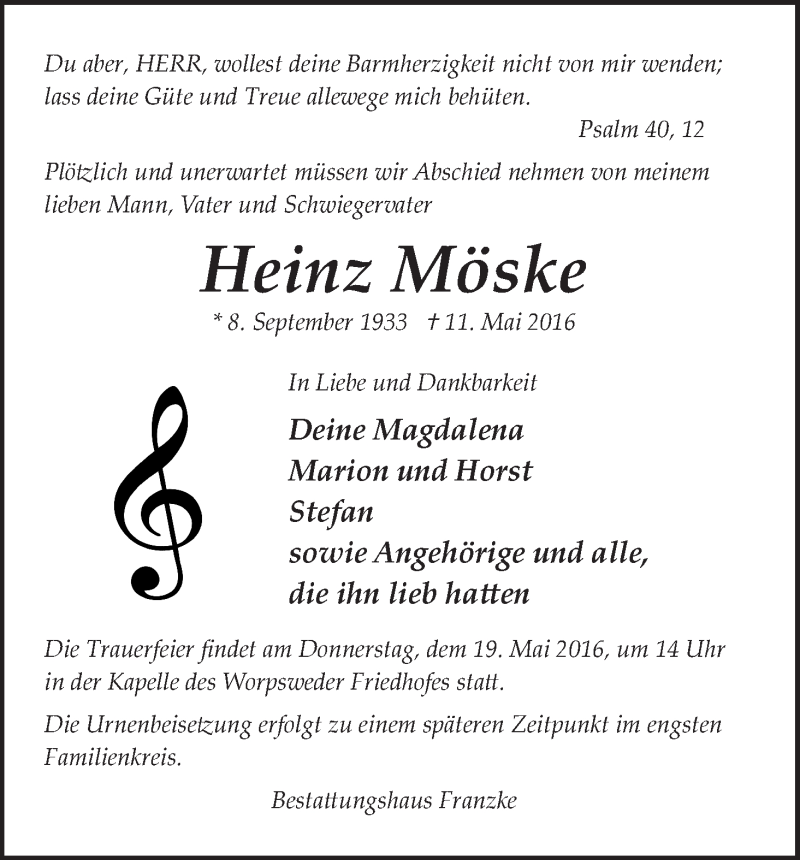 Traueranzeige von Heinz Möske von Wuemme Zeitung