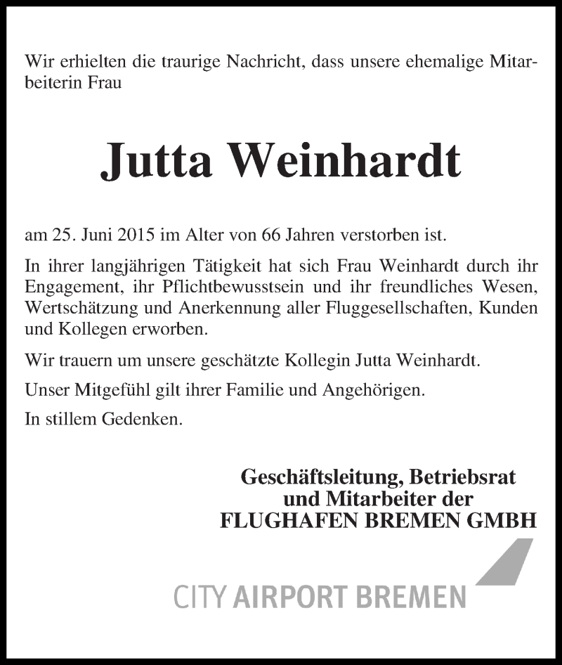 Traueranzeige von Jutta Weinhardt von WESER-KURIER