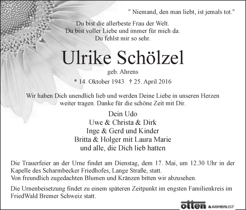 Traueranzeige von Ulrike Schölzel von Osterholzer Kreisblatt
