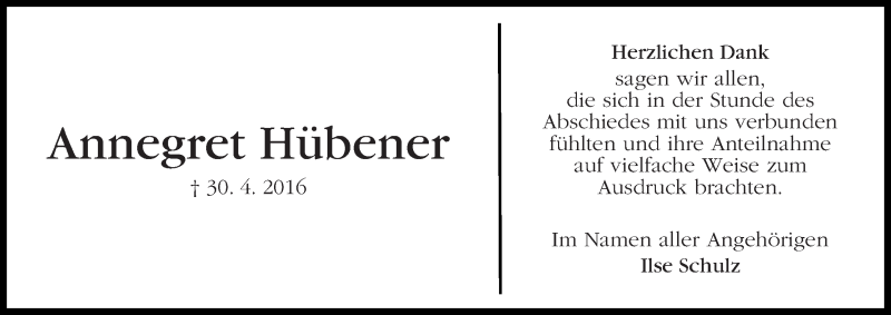 Traueranzeige von Annegret Hübener von WESER-KURIER