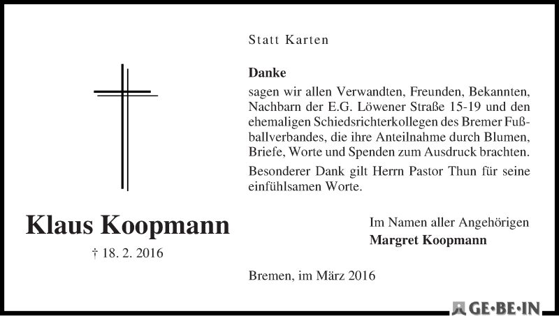 Traueranzeige von Klaus Koopmann von WESER-KURIER