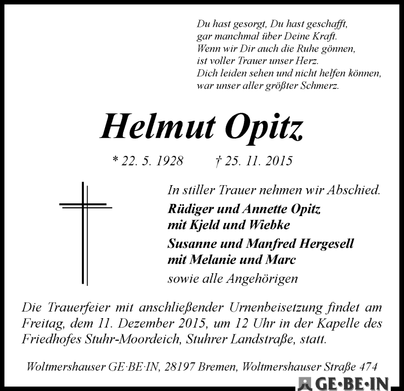 Traueranzeige von Helmut Opitz von WESER-KURIER