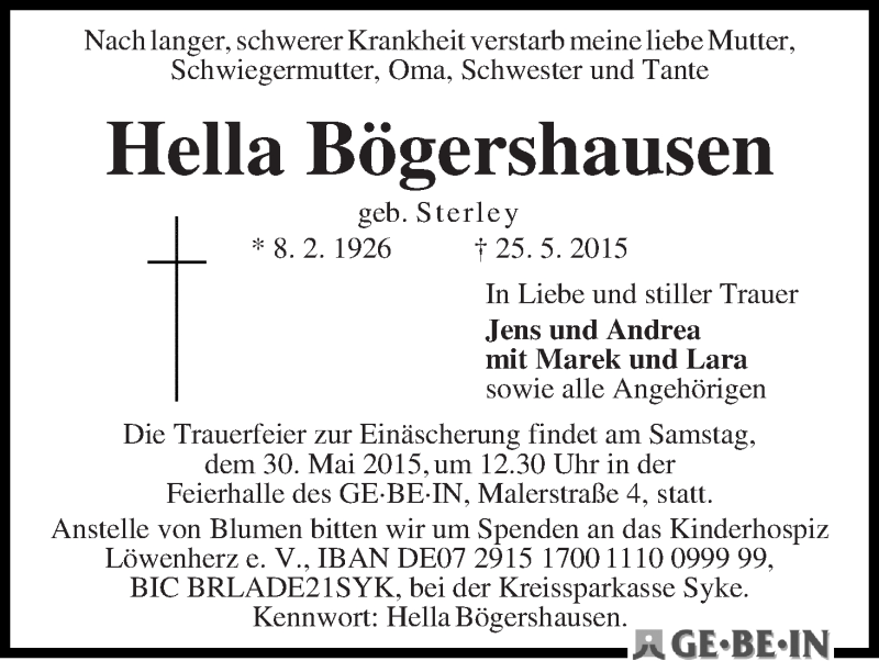 Traueranzeige von Hella Bögershausen von WESER-KURIER