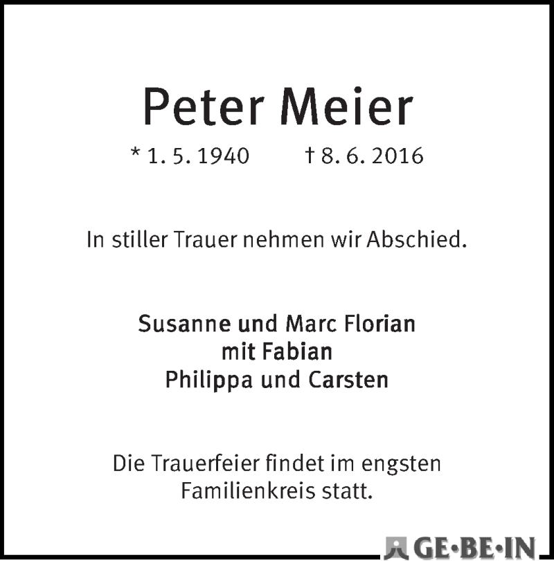  Traueranzeige für Peter Meier vom 15.06.2016 aus WESER-KURIER