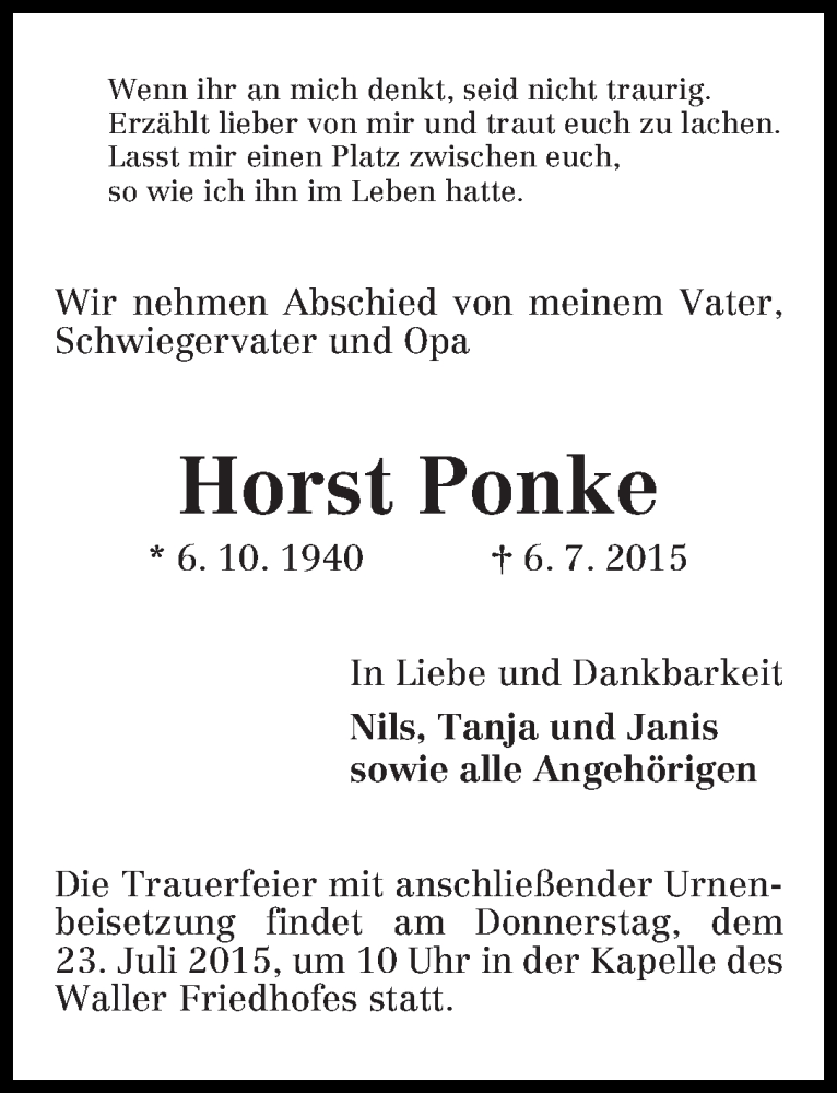 Traueranzeige von Horst Ponke von WESER-KURIER