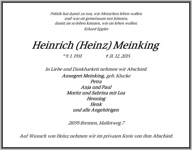 Traueranzeige von Heinrich (Heinz) Meinking von WESER-KURIER