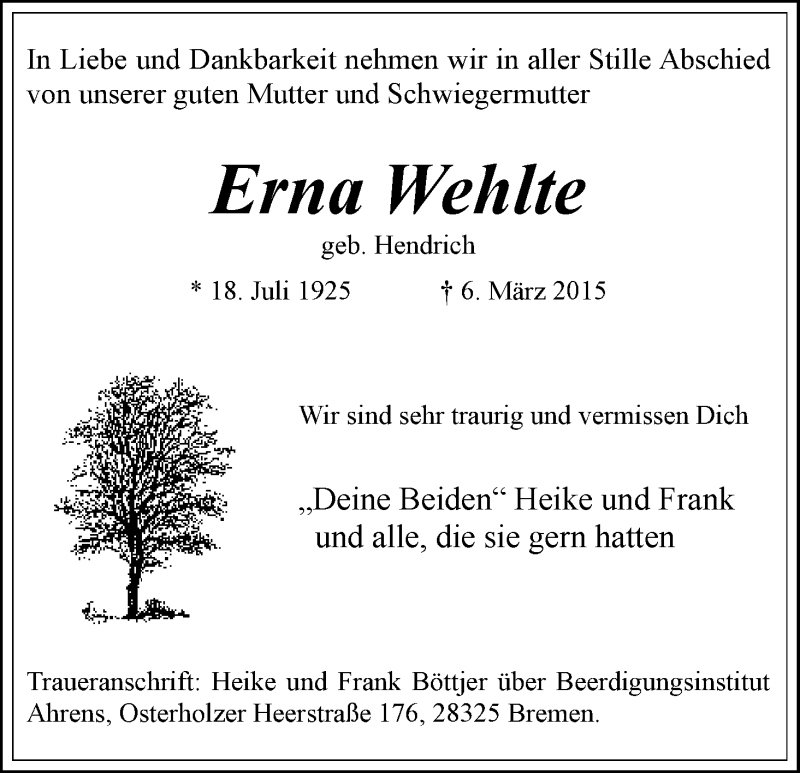 Traueranzeige von Erna Wehlte von WESER-KURIER