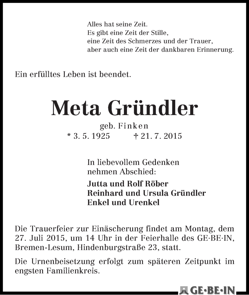 Traueranzeige von Meta Gründler von WESER-KURIER