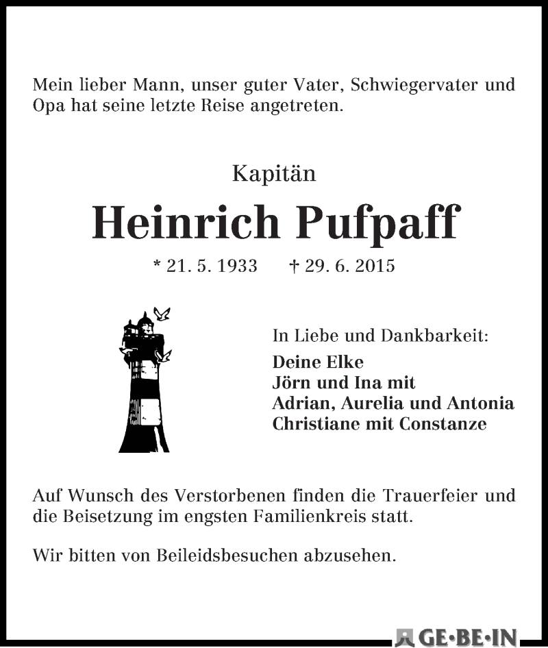 Traueranzeige von Heinrich Pufpaff von WESER-KURIER