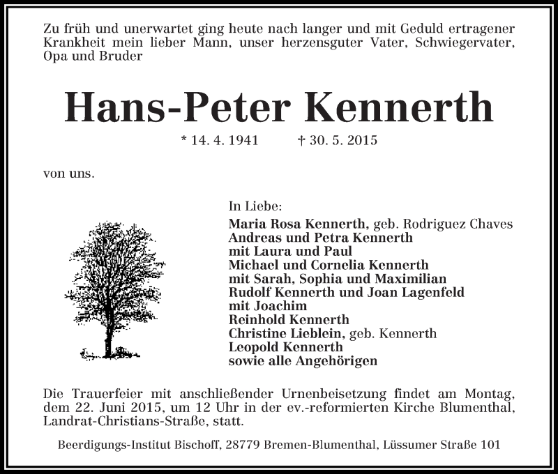 Traueranzeige von Hans-Peter Kennerth von Wuemme Zeitung