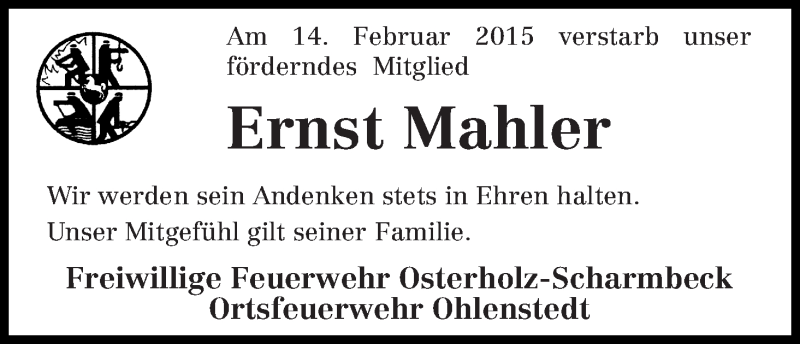 Traueranzeige von Ernst Mahler von Osterholzer Kreisblatt