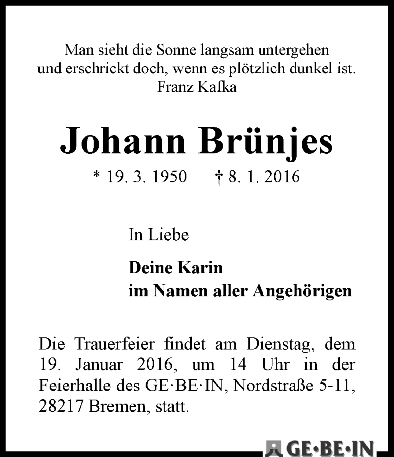 Traueranzeige von Johann Brünjes von WESER-KURIER