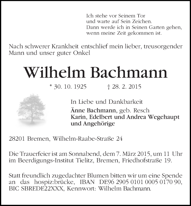 Traueranzeige von Wilhelm Bachmann von WESER-KURIER