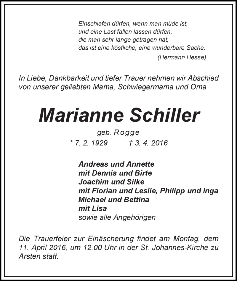 Traueranzeige von Marianne Schiller von WESER-KURIER