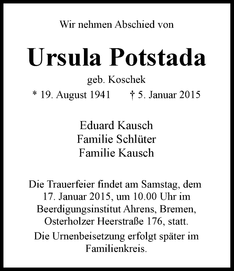 Traueranzeige von Ursula Potstada von WESER-KURIER