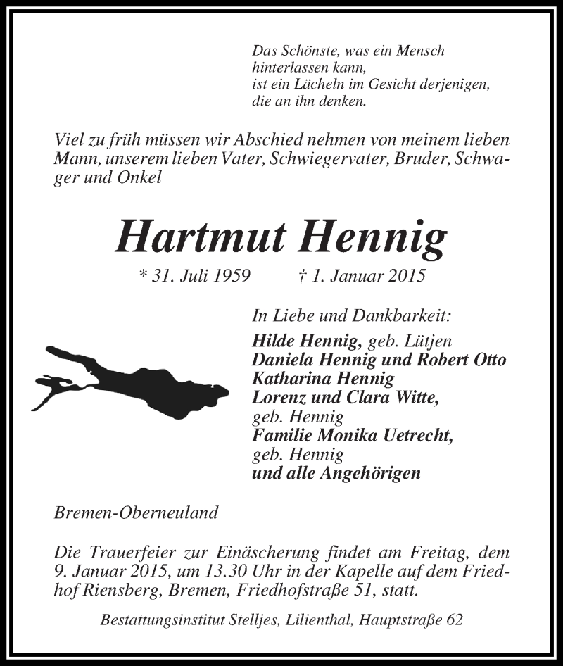  Traueranzeige für Hartmut Hennig vom 05.01.2015 aus WESER-KURIER