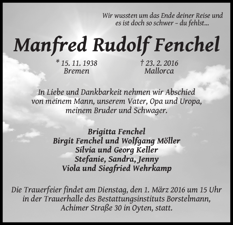 Traueranzeige von Manfred Rudolf Fenchel von WESER-KURIER