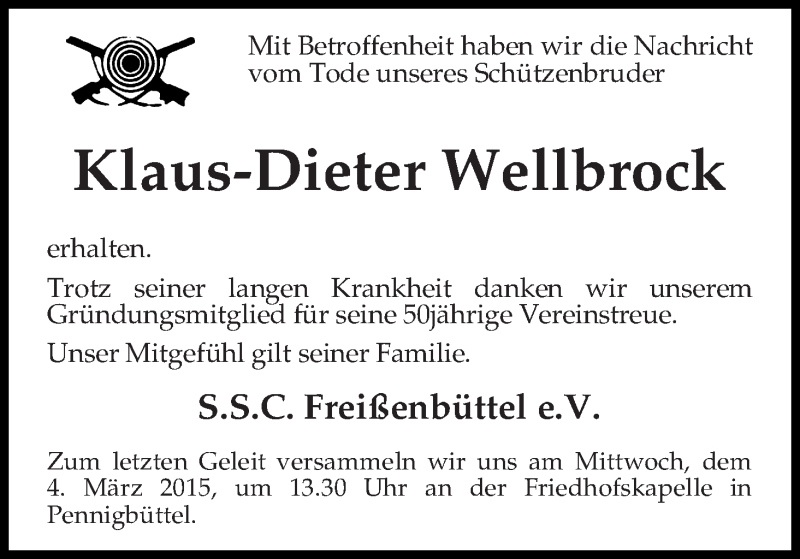  Traueranzeige für Klaus-Dieter Wellbrock vom 02.03.2015 aus Osterholzer Kreisblatt