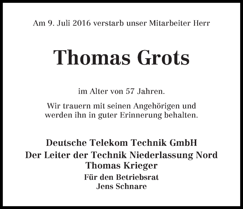 Traueranzeige von Thomas Grots von Achimer Kurier/Verdener Nachrichten