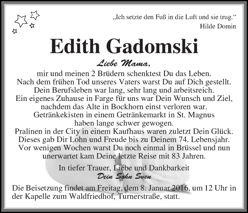 Traueranzeige von Edith Gadomski von WESER-KURIER