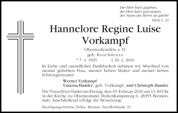 Traueranzeige von Hannelore Regine Luise Vorkampf