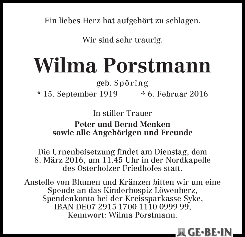 Traueranzeige von Wilma Porstmann von WESER-KURIER